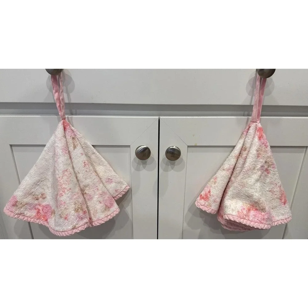 VTG Pair 2 Pink Floral Bathroom Hand Towels Round Hanging Grandma Made 16